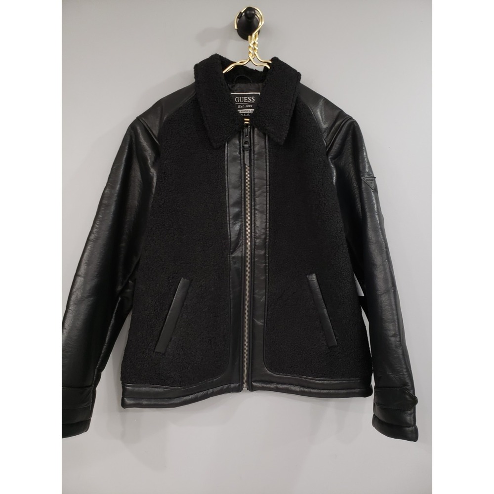 NEW GUESS Mens LARGE Ren Bonded Faux Sherpa Jacket Bomber Jet Black Multi
